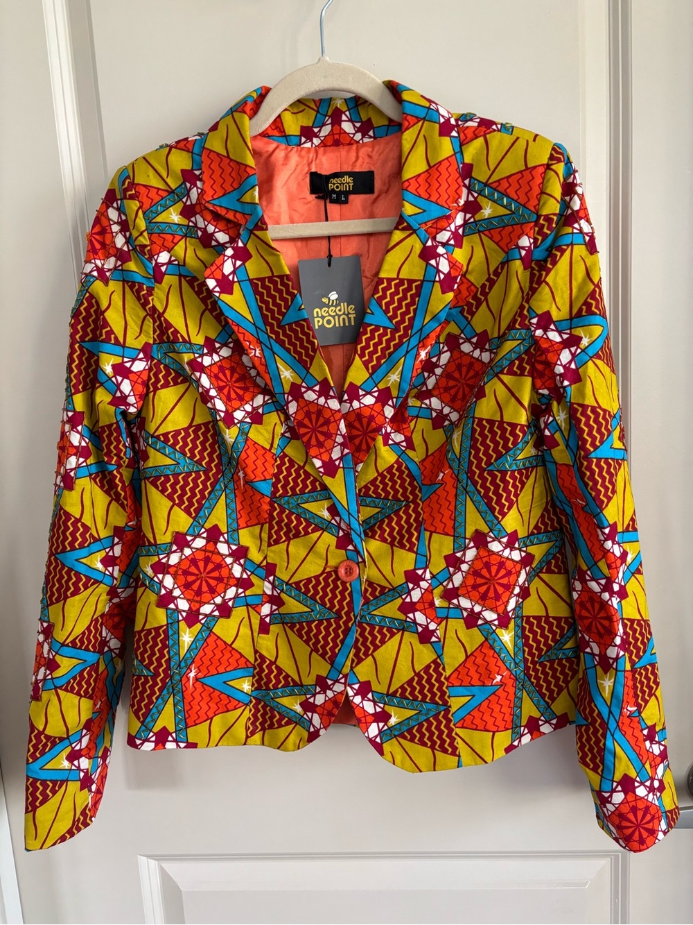 Needle Point Yellow & Red Geometric Beaded Print Women's Blazer